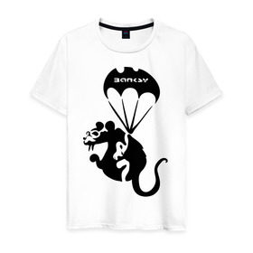 Мужская футболка хлопок с принтом Rat with parachute (Banksy) в Белгороде, 100% хлопок | прямой крой, круглый вырез горловины, длина до линии бедер, слегка спущенное плечо. | бэнкси | граффити | грызун | животные | хомяк с парашютом