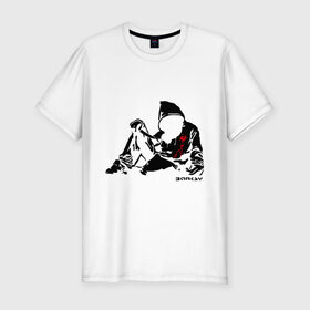 Мужская футболка премиум с принтом Раненый парень (Banksy) в Белгороде, 92% хлопок, 8% лайкра | приталенный силуэт, круглый вырез ворота, длина до линии бедра, короткий рукав | бэнкси | граффити | кровь | парень | рана | силуэт