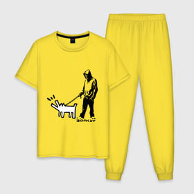 Мужская пижама хлопок с принтом Парень с собакой (Banksy) в Белгороде, 100% хлопок | брюки и футболка прямого кроя, без карманов, на брюках мягкая резинка на поясе и по низу штанин
 | Тематика изображения на принте: dog | бэнкси | граффити | собака
