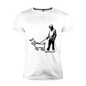 Мужская футболка премиум с принтом Парень с собакой (Banksy) в Белгороде, 92% хлопок, 8% лайкра | приталенный силуэт, круглый вырез ворота, длина до линии бедра, короткий рукав | dog | бэнкси | граффити | собака
