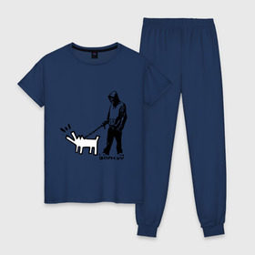 Женская пижама хлопок с принтом Парень с собакой (Banksy) в Белгороде, 100% хлопок | брюки и футболка прямого кроя, без карманов, на брюках мягкая резинка на поясе и по низу штанин | Тематика изображения на принте: dog | бэнкси | граффити | собака
