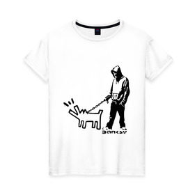 Женская футболка хлопок с принтом Парень с собакой (Banksy) в Белгороде, 100% хлопок | прямой крой, круглый вырез горловины, длина до линии бедер, слегка спущенное плечо | dog | бэнкси | граффити | собака