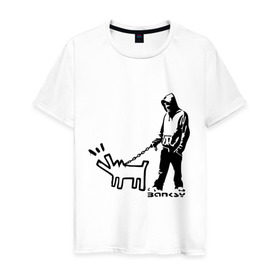 Мужская футболка хлопок с принтом Парень с собакой (Banksy) в Белгороде, 100% хлопок | прямой крой, круглый вырез горловины, длина до линии бедер, слегка спущенное плечо. | Тематика изображения на принте: dog | бэнкси | граффити | собака
