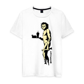 Мужская футболка хлопок с принтом Древний человек Бэнкси в Белгороде, 100% хлопок | прямой крой, круглый вырез горловины, длина до линии бедер, слегка спущенное плечо. | бэнкси | граффити | неандерталец | примат