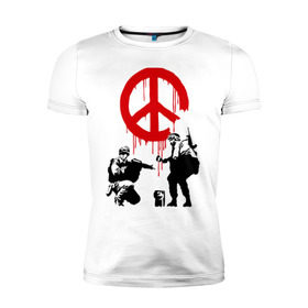Мужская футболка премиум с принтом Peace Banksy в Белгороде, 92% хлопок, 8% лайкра | приталенный силуэт, круглый вырез ворота, длина до линии бедра, короткий рукав | Тематика изображения на принте: бэнкси | граффити | люди | мир | оружие