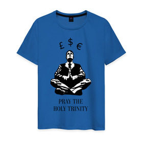 Мужская футболка хлопок с принтом Pray the holy trinity в Белгороде, 100% хлопок | прямой крой, круглый вырез горловины, длина до линии бедер, слегка спущенное плечо. | Тематика изображения на принте: banksy | бэнкси | граффтити | деньги | доллар | евро | фунт