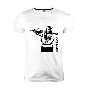 Мужская футболка премиум с принтом Мона Лиза с базукой в Белгороде, 92% хлопок, 8% лайкра | приталенный силуэт, круглый вырез ворота, длина до линии бедра, короткий рукав | banksy | бэнкси | графити | граффити | стрит арт