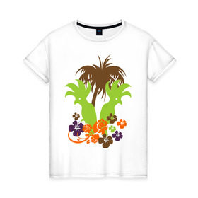 Женская футболка хлопок с принтом Попугаи в Белгороде, 100% хлопок | прямой крой, круглый вырез горловины, длина до линии бедер, слегка спущенное плечо | деревья | лето | пальмы | птицы | цветы