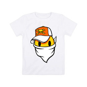 Детская футболка хлопок с принтом Смайл в бандане в Белгороде, 100% хлопок | круглый вырез горловины, полуприлегающий силуэт, длина до линии бедер | Тематика изображения на принте: smile | смайл | смайл в бандане | смайл в кепке | череп