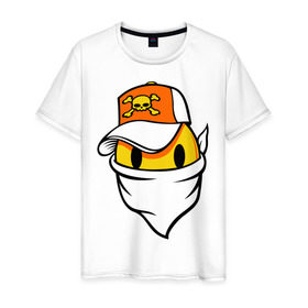 Мужская футболка хлопок с принтом Смайл в бандане в Белгороде, 100% хлопок | прямой крой, круглый вырез горловины, длина до линии бедер, слегка спущенное плечо. | smile | смайл | смайл в бандане | смайл в кепке | череп