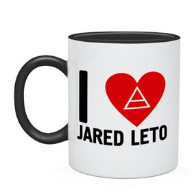 Кружка двухцветная с принтом I love Jared Leto в Белгороде, керамика | объем — 330 мл, диаметр — 80 мм. Цветная ручка и кайма сверху, в некоторых цветах — вся внутренняя часть | Тематика изображения на принте: 30 seconds to mars | 30 stm | punk | rock | музыка | панк рок | я люблю джареда лето