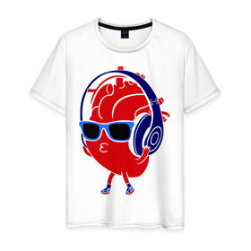 Мужская футболка хлопок с принтом Сердце в наушниках в Белгороде, 100% хлопок | прямой крой, круглый вырез горловины, длина до линии бедер, слегка спущенное плечо. | в очках | музыка | плеер | слушать музыку