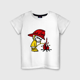 Детская футболка хлопок с принтом Пожарник в Белгороде, 100% хлопок | круглый вырез горловины, полуприлегающий силуэт, длина до линии бедер | каска | мальчик | мчс | огонь | писает | пожар | профессии | спасение | тушить