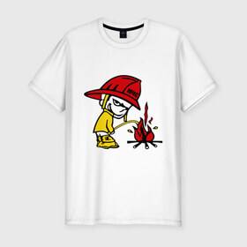 Мужская футболка премиум с принтом Пожарник в Белгороде, 92% хлопок, 8% лайкра | приталенный силуэт, круглый вырез ворота, длина до линии бедра, короткий рукав | каска | мальчик | мчс | огонь | писает | пожар | профессии | спасение | тушить