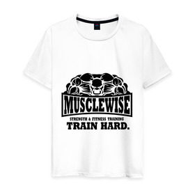 Мужская футболка хлопок с принтом Musclewise train hard (тренируйся усердно) в Белгороде, 100% хлопок | прямой крой, круглый вырез горловины, длина до линии бедер, слегка спущенное плечо. | Тематика изображения на принте: musclewise train hard | для тренеровок | качок | мускулы | раскаченный | спортсмен | тренеровки | тренируйся | тренируйся усердно