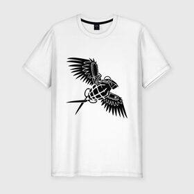Мужская футболка премиум с принтом Граната с крыльями. в Белгороде, 92% хлопок, 8% лайкра | приталенный силуэт, круглый вырез ворота, длина до линии бедра, короткий рукав | граната | граната птица | граната с крыльями | граната с ножницами | летающая граната