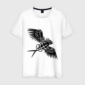 Мужская футболка хлопок с принтом Граната с крыльями. в Белгороде, 100% хлопок | прямой крой, круглый вырез горловины, длина до линии бедер, слегка спущенное плечо. | граната | граната птица | граната с крыльями | граната с ножницами | летающая граната