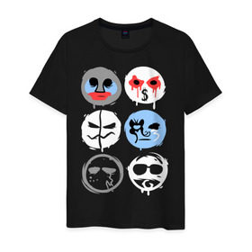Мужская футболка хлопок с принтом HU Mask в Белгороде, 100% хлопок | прямой крой, круглый вырез горловины, длина до линии бедер, слегка спущенное плечо. | hollywood undead | hu | hu mask one color | undead | злые маски | маски | рок реп группа hollywood undead