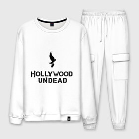 Мужской костюм хлопок с принтом Hollywood Undead logo в Белгороде, 100% хлопок | на свитшоте круглая горловина, мягкая резинка по низу. Брюки заужены к низу, на них два вида карманов: два “обычных” по бокам и два объемных, с клапанами, расположенные ниже линии бедра. Брюки с мягкой трикотажной резинкой на поясе и по низу штанин. В поясе для дополнительного комфорта — широкие завязки | hollywood undead | hu | hu mask one color | undead | рок реп группа hollywood undead