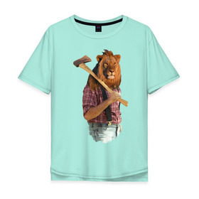 Мужская футболка хлопок Oversize с принтом Lion lumberjack в Белгороде, 100% хлопок | свободный крой, круглый ворот, “спинка” длиннее передней части | голова животного | лев в рубашке | лев с телом человека | лев с топором | тело человека | человек с головой льва