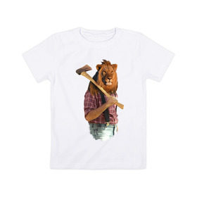 Детская футболка хлопок с принтом Lion lumberjack в Белгороде, 100% хлопок | круглый вырез горловины, полуприлегающий силуэт, длина до линии бедер | Тематика изображения на принте: голова животного | лев в рубашке | лев с телом человека | лев с топором | тело человека | человек с головой льва