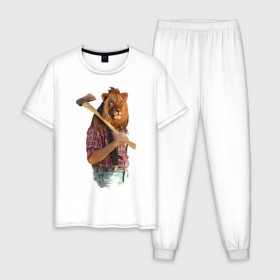 Мужская пижама хлопок с принтом Lion lumberjack в Белгороде, 100% хлопок | брюки и футболка прямого кроя, без карманов, на брюках мягкая резинка на поясе и по низу штанин
 | голова животного | лев в рубашке | лев с телом человека | лев с топором | тело человека | человек с головой льва