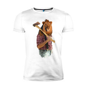 Мужская футболка премиум с принтом Lion lumberjack в Белгороде, 92% хлопок, 8% лайкра | приталенный силуэт, круглый вырез ворота, длина до линии бедра, короткий рукав | голова животного | лев в рубашке | лев с телом человека | лев с топором | тело человека | человек с головой льва