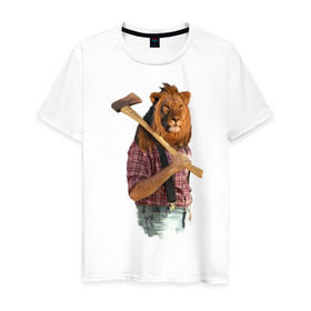 Мужская футболка хлопок с принтом Lion lumberjack в Белгороде, 100% хлопок | прямой крой, круглый вырез горловины, длина до линии бедер, слегка спущенное плечо. | голова животного | лев в рубашке | лев с телом человека | лев с топором | тело человека | человек с головой льва