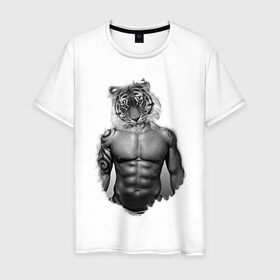 Мужская футболка хлопок с принтом Tiger power в Белгороде, 100% хлопок | прямой крой, круглый вырез горловины, длина до линии бедер, слегка спущенное плечо. | Тематика изображения на принте: голова животного | тело человека | тигр с телом человека | человек с головой тигра