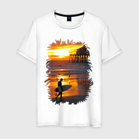 Мужская футболка хлопок с принтом Summer surfing в Белгороде, 100% хлопок | прямой крой, круглый вырез горловины, длина до линии бедер, слегка спущенное плечо. | летние | лето | море | на лето | океан | пляж | серфинг