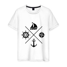 Мужская футболка хлопок с принтом Sailor theme в Белгороде, 100% хлопок | прямой крой, круглый вырез горловины, длина до линии бедер, слегка спущенное плечо. | sailor theme | азимут | компас | кораблик | корабль | лодка | путешествие | штурвал | якорь