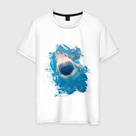 Мужская футболка хлопок с принтом Акула watercolor в Белгороде, 100% хлопок | прямой крой, круглый вырез горловины, длина до линии бедер, слегка спущенное плечо. | 
