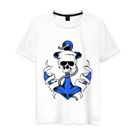 Мужская футболка хлопок с принтом Якорь с черепом в Белгороде, 100% хлопок | прямой крой, круглый вырез горловины, длина до линии бедер, слегка спущенное плечо. | корабль | летние | лето | море | отдых | отпуск | пиратские | пираты | пляж