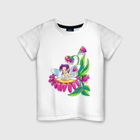 Детская футболка хлопок с принтом Фея на цветке. в Белгороде, 100% хлопок | круглый вырез горловины, полуприлегающий силуэт, длина до линии бедер | девочка фея | фея | фея в цветке | фея на цветке | цветок