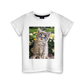 Детская футболка хлопок с принтом Котеночек в ромашках в Белгороде, 100% хлопок | круглый вырез горловины, полуприлегающий силуэт, длина до линии бедер | домашние животные | котенок | котик | кошки
