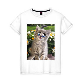 Женская футболка хлопок с принтом Котеночек в ромашках в Белгороде, 100% хлопок | прямой крой, круглый вырез горловины, длина до линии бедер, слегка спущенное плечо | домашние животные | котенок | котик | кошки
