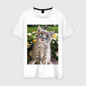 Мужская футболка хлопок с принтом Котеночек в ромашках в Белгороде, 100% хлопок | прямой крой, круглый вырез горловины, длина до линии бедер, слегка спущенное плечо. | домашние животные | котенок | котик | кошки