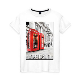 Женская футболка хлопок с принтом Телефонные будки Лондона в Белгороде, 100% хлопок | прямой крой, круглый вырез горловины, длина до линии бедер, слегка спущенное плечо | лондон