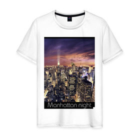 Мужская футболка хлопок с принтом Ночной Манхеттен в Белгороде, 100% хлопок | прямой крой, круглый вырез горловины, длина до линии бедер, слегка спущенное плечо. | Тематика изображения на принте: new york ny | nyc | urban | город | города | нью йорк | урбан