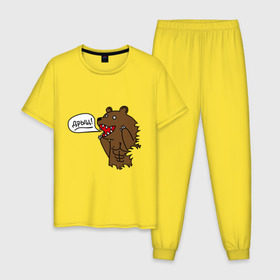 Мужская пижама хлопок с принтом Медведь качок (дрищ) в Белгороде, 100% хлопок | брюки и футболка прямого кроя, без карманов, на брюках мягкая резинка на поясе и по низу штанин
 | дрищ | интернет прикол | качалка | мусклы | мышцы | пресс | силовой спорт