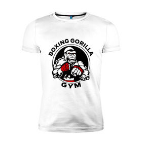 Мужская футболка премиум с принтом Boxing gorilla gym в Белгороде, 92% хлопок, 8% лайкра | приталенный силуэт, круглый вырез ворота, длина до линии бедра, короткий рукав | Тематика изображения на принте: боец | бокс | боксер | горила | горилла | кулаки | обезьяна | спорт | спортсменам