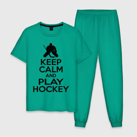 Мужская пижама хлопок с принтом Keep calm and play hockey в Белгороде, 100% хлопок | брюки и футболка прямого кроя, без карманов, на брюках мягкая резинка на поясе и по низу штанин
 | hockey | keep calm | keep calm and play hockey | вратарь | хоккеист | хоккей | хоккейный вратарь