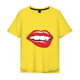 Мужская футболка хлопок Oversize с принтом Соблазняющие губы в Белгороде, 100% хлопок | свободный крой, круглый ворот, “спинка” длиннее передней части | Тематика изображения на принте: губы | прикусывающий губы | сладкие губы | соблазняющие губы