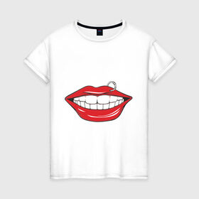 Женская футболка хлопок с принтом Губы с пирсингом в Белгороде, 100% хлопок | прямой крой, круглый вырез горловины, длина до линии бедер, слегка спущенное плечо | большие губы | губы | губы с пирсингом | пирсинг | улыбка | улыбка с пирсингом