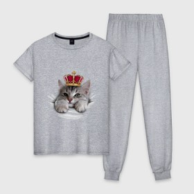 Женская пижама хлопок с принтом Pretty kitten в Белгороде, 100% хлопок | брюки и футболка прямого кроя, без карманов, на брюках мягкая резинка на поясе и по низу штанин | kitten | meow | meow kitten | киса | корона | корона на голове кота | кот | кот с короной | котик | котэ | котяра | кошка | прикольный кот