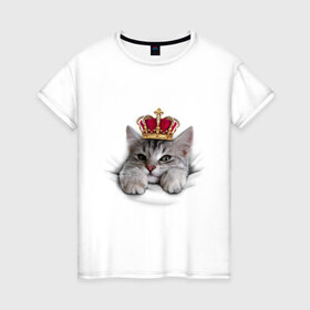 Женская футболка хлопок с принтом Pretty kitten в Белгороде, 100% хлопок | прямой крой, круглый вырез горловины, длина до линии бедер, слегка спущенное плечо | kitten | meow | meow kitten | киса | корона | корона на голове кота | кот | кот с короной | котик | котэ | котяра | кошка | прикольный кот