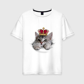 Женская футболка хлопок Oversize с принтом Pretty kitten в Белгороде, 100% хлопок | свободный крой, круглый ворот, спущенный рукав, длина до линии бедер
 | kitten | meow | meow kitten | киса | корона | корона на голове кота | кот | кот с короной | котик | котэ | котяра | кошка | прикольный кот