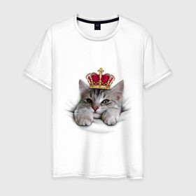 Мужская футболка хлопок с принтом Pretty kitten в Белгороде, 100% хлопок | прямой крой, круглый вырез горловины, длина до линии бедер, слегка спущенное плечо. | kitten | meow | meow kitten | киса | корона | корона на голове кота | кот | кот с короной | котик | котэ | котяра | кошка | прикольный кот
