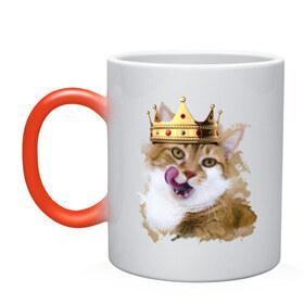 Кружка хамелеон с принтом Spoiled cat в Белгороде, керамика | меняет цвет при нагревании, емкость 330 мл | kitten | meow | meow kitten | злой кот | киса | корона | корона на голове кота | кот | кот с короной | котик | котэ | котяра | кошка | облизывающаяся кот | прикольный кот