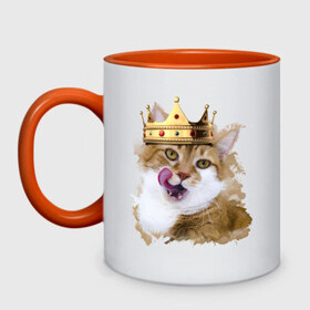 Кружка двухцветная с принтом Spoiled cat в Белгороде, керамика | объем — 330 мл, диаметр — 80 мм. Цветная ручка и кайма сверху, в некоторых цветах — вся внутренняя часть | Тематика изображения на принте: kitten | meow | meow kitten | злой кот | киса | корона | корона на голове кота | кот | кот с короной | котик | котэ | котяра | кошка | облизывающаяся кот | прикольный кот